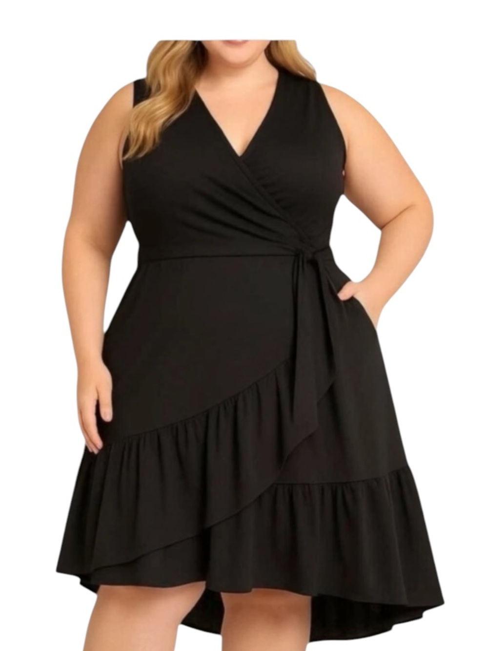 Universal Standard Sleeveless Twirl Wrap Dress M 18/20 Tiered Ruffle Hem Black